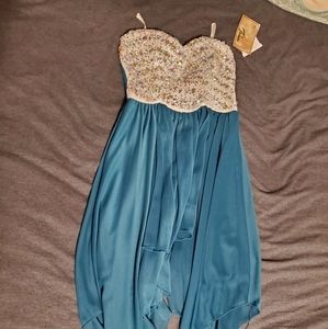 Blue strapless dress.